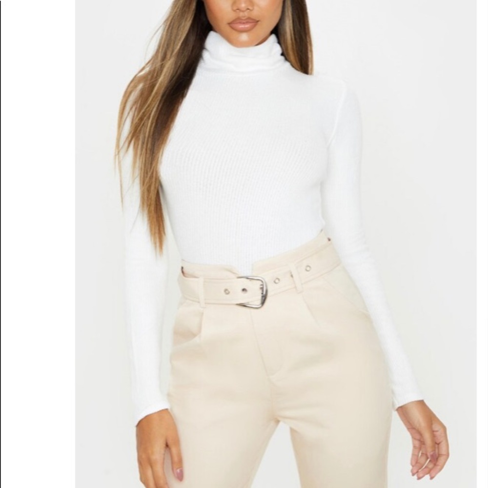White Brushed Rib Roll Neck Long Sleeve Bodysuit size 6 (small)turtle neck top